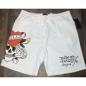 Ed Hardy Fleece Sweat Shorts Men’s L Ivory  Tattoo Skull Heart Love Kills NWT